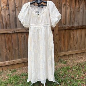 Wishlist Cottagecore Cream Gauze Embroidered Puff Sleeve Maxi Dress Size Large